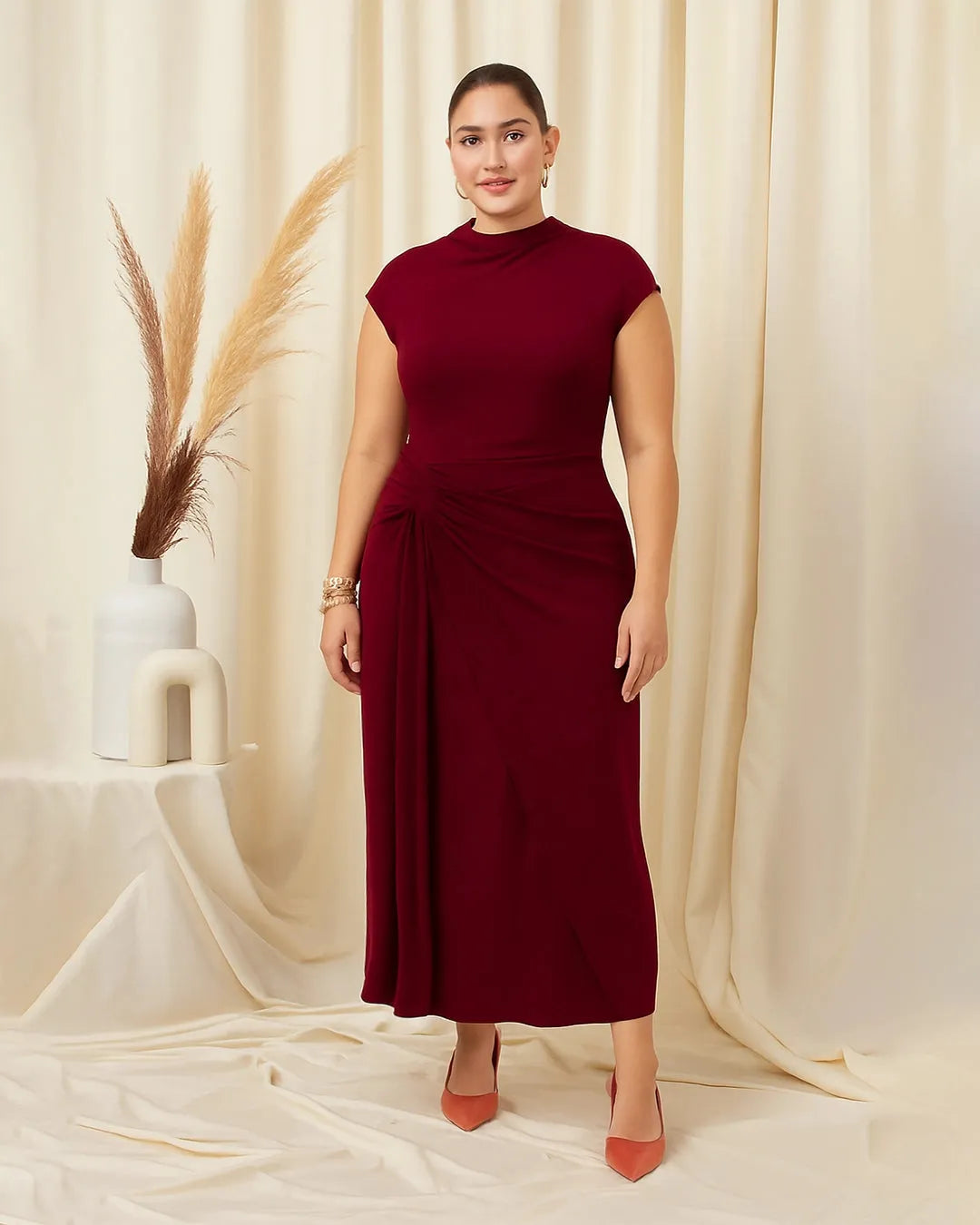 High Neck Twist Ruched Split Maxi Dress Curve & Plus In Redberry