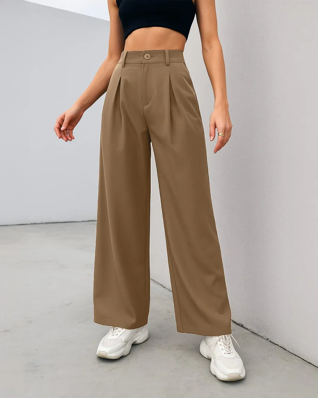 High Rise Korean Style Wide Leg Trousers in Brown