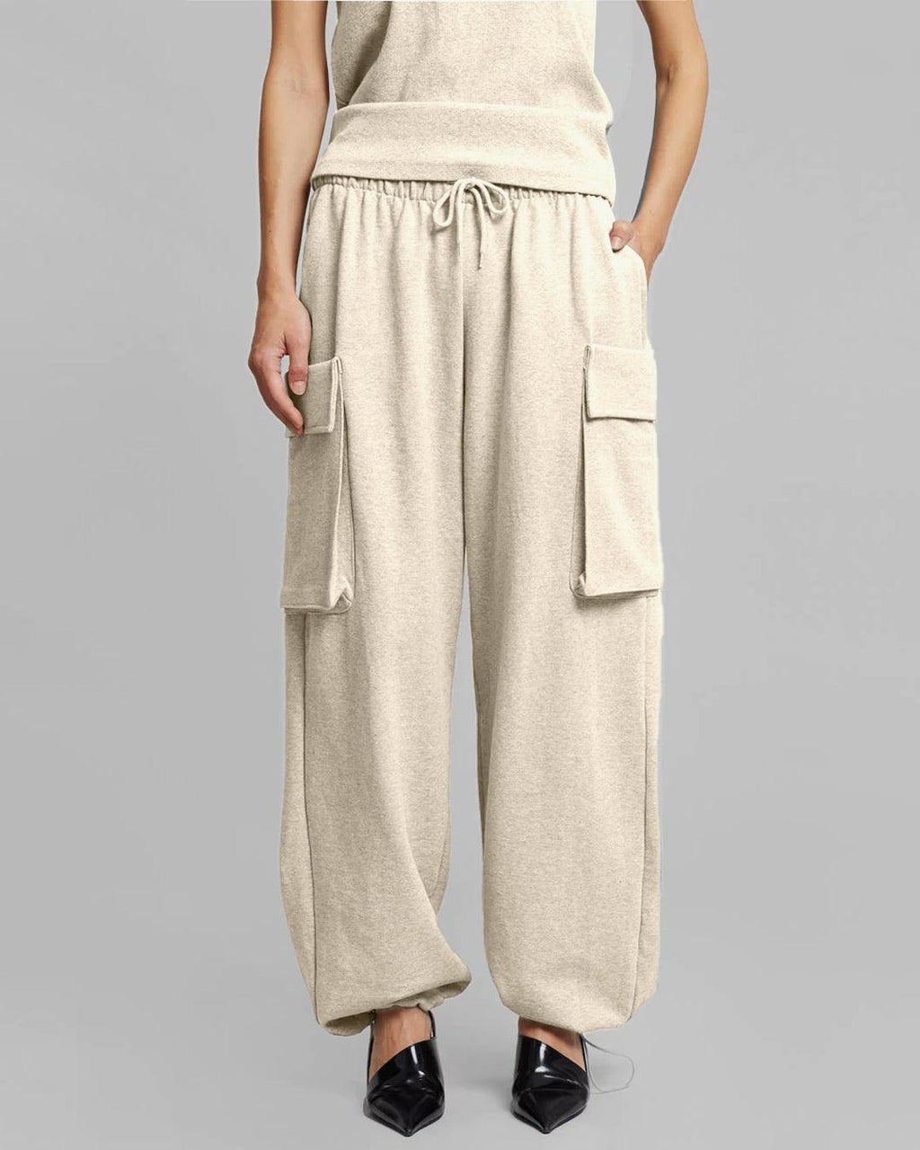 High Waist Wide Balloon Fit Cargo Pants In Off-white