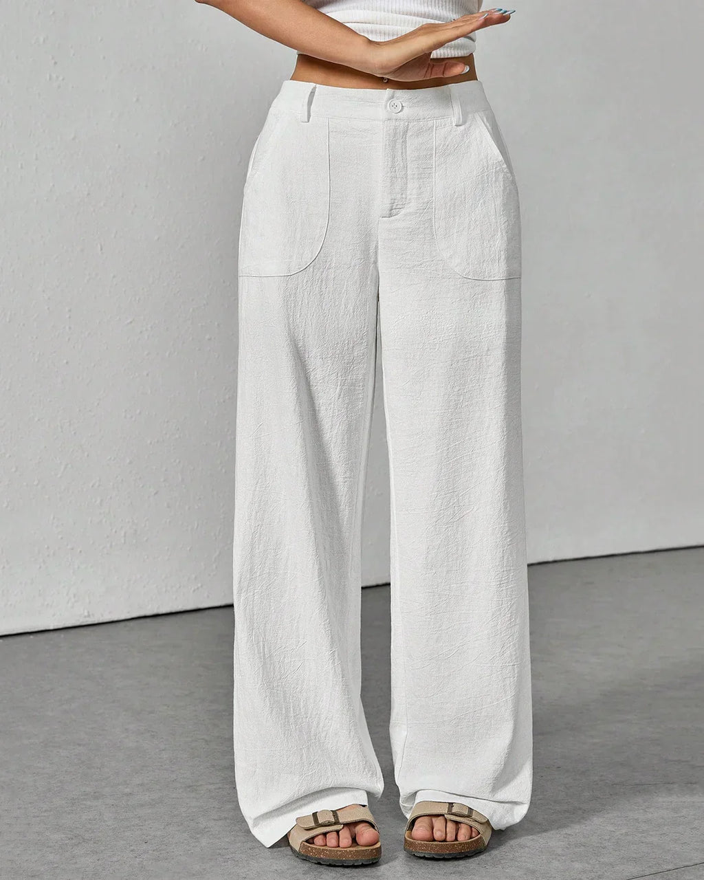 High Waist Wide Leg Linen Trousers In White