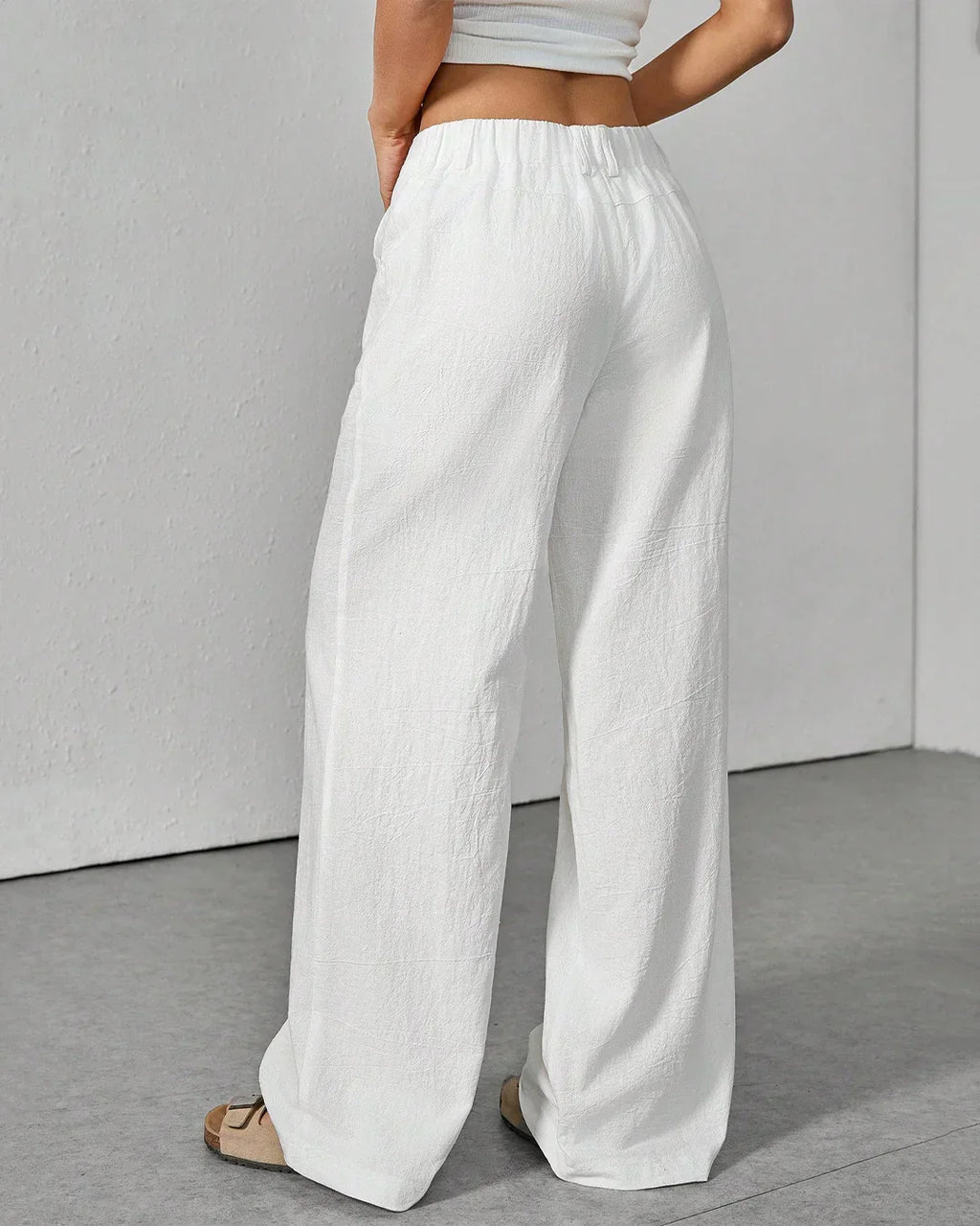 High Waist Wide Leg Linen Trousers In White