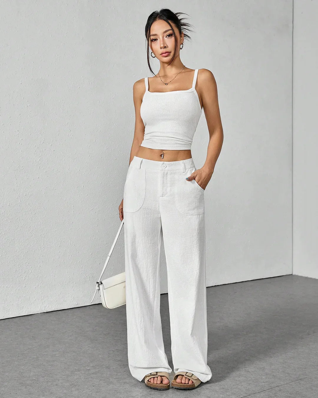 High Waist Wide Leg Linen Trousers In White