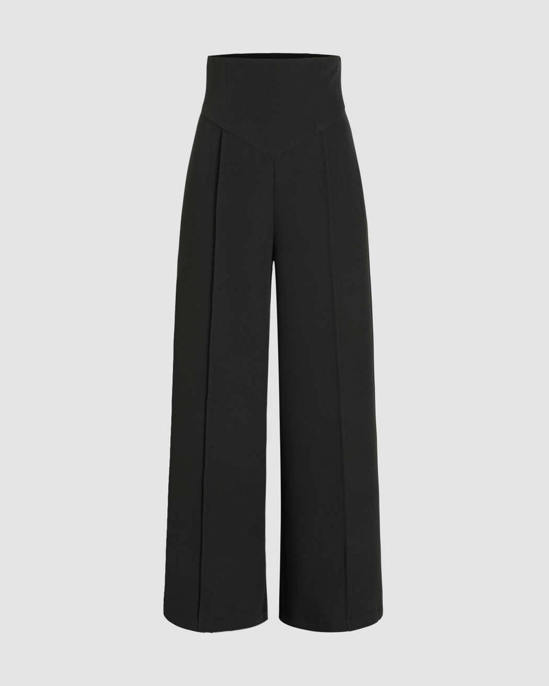 High Waisted Structured Pleated Wide Leg Trousers in Black
