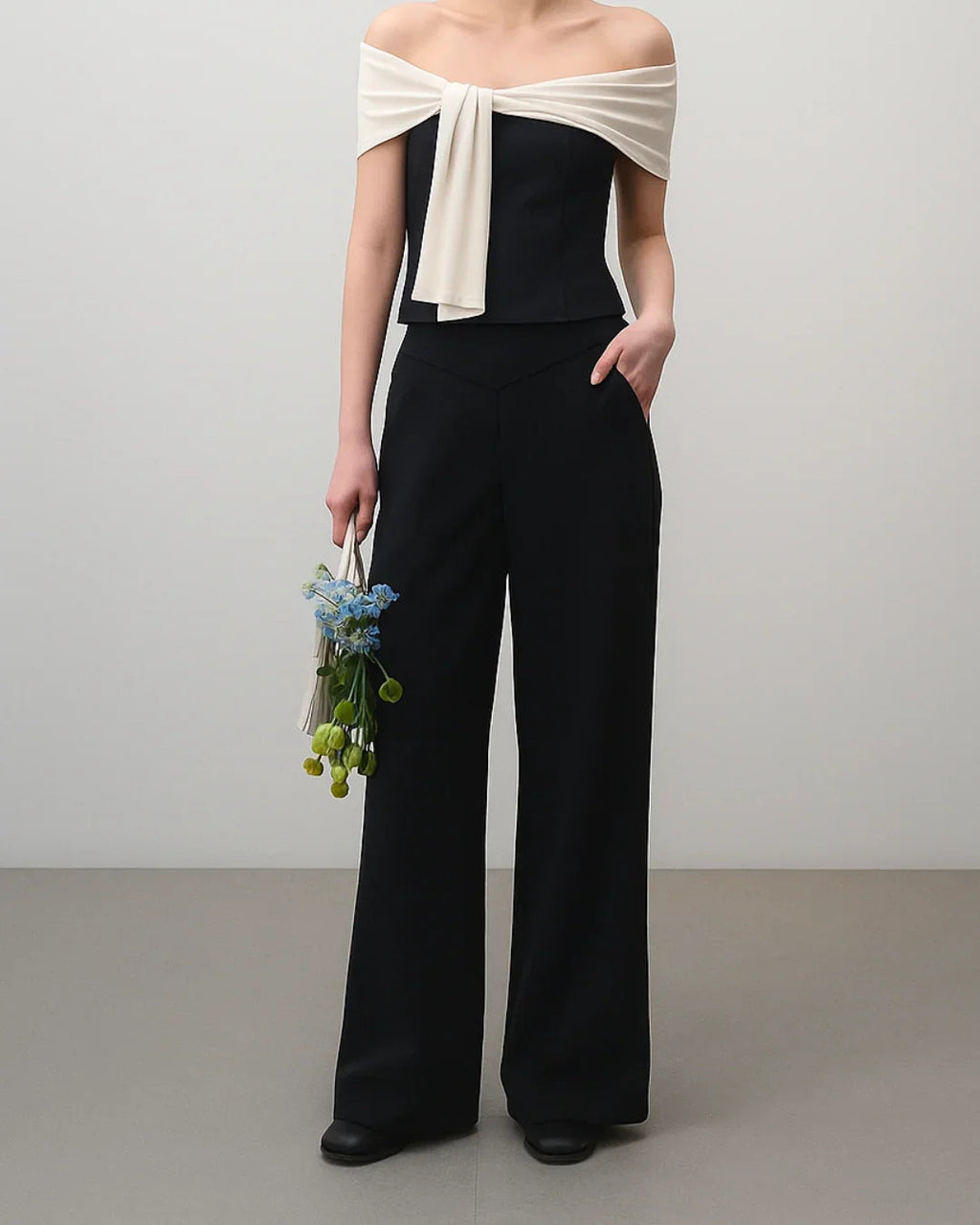 High Waisted Structured Pleated Wide Leg Trousers in Black