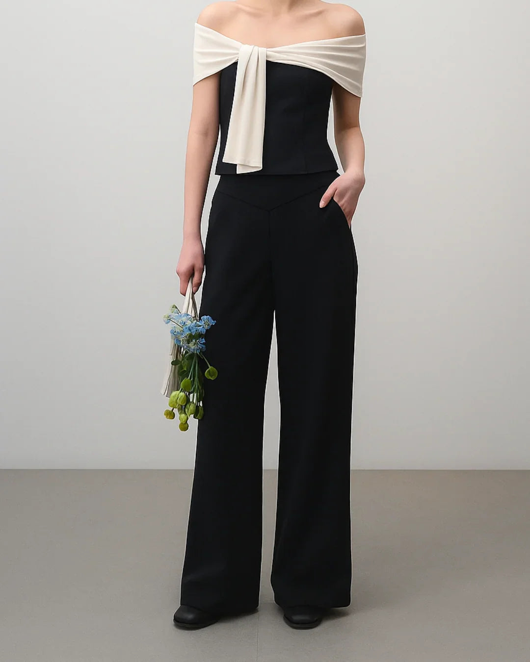 High Waisted Structured Pleated Wide Leg Trousers in Black