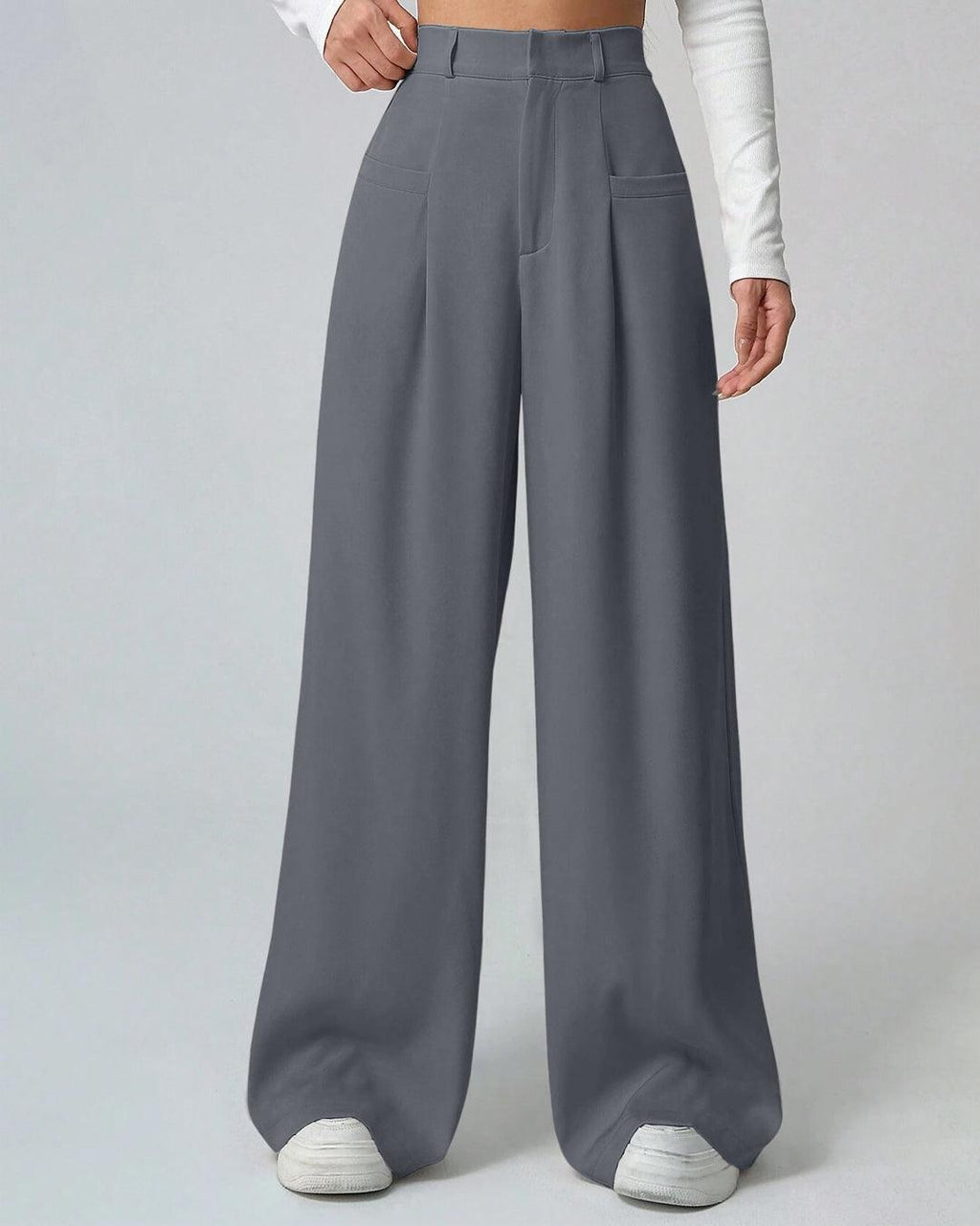 High Waisted Tailored Pleated Wide Leg Trousers in Grey