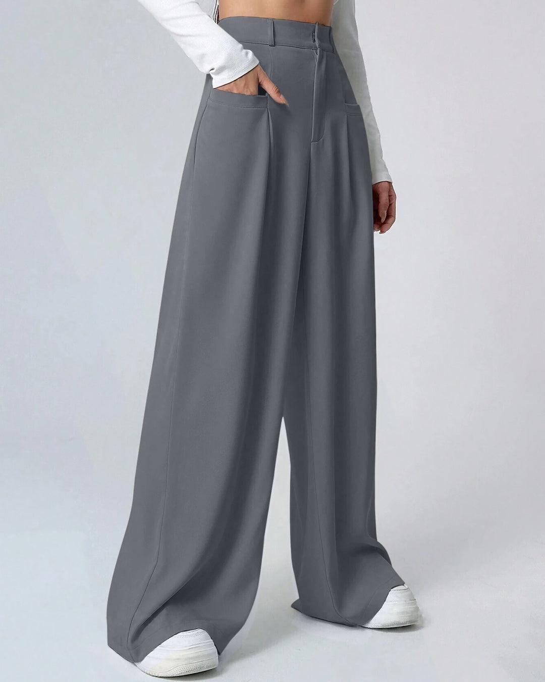High Waisted Tailored Pleated Wide Leg Trousers in Grey