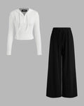 Hooded Solid Top & Mid Rise Pocket Wide Leg Trousers Set