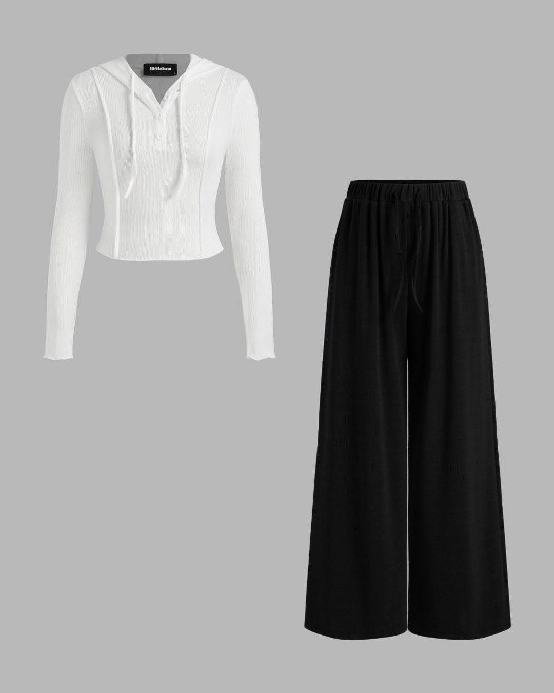 Hooded Solid Top & Mid Rise Pocket Wide Leg Trousers Set