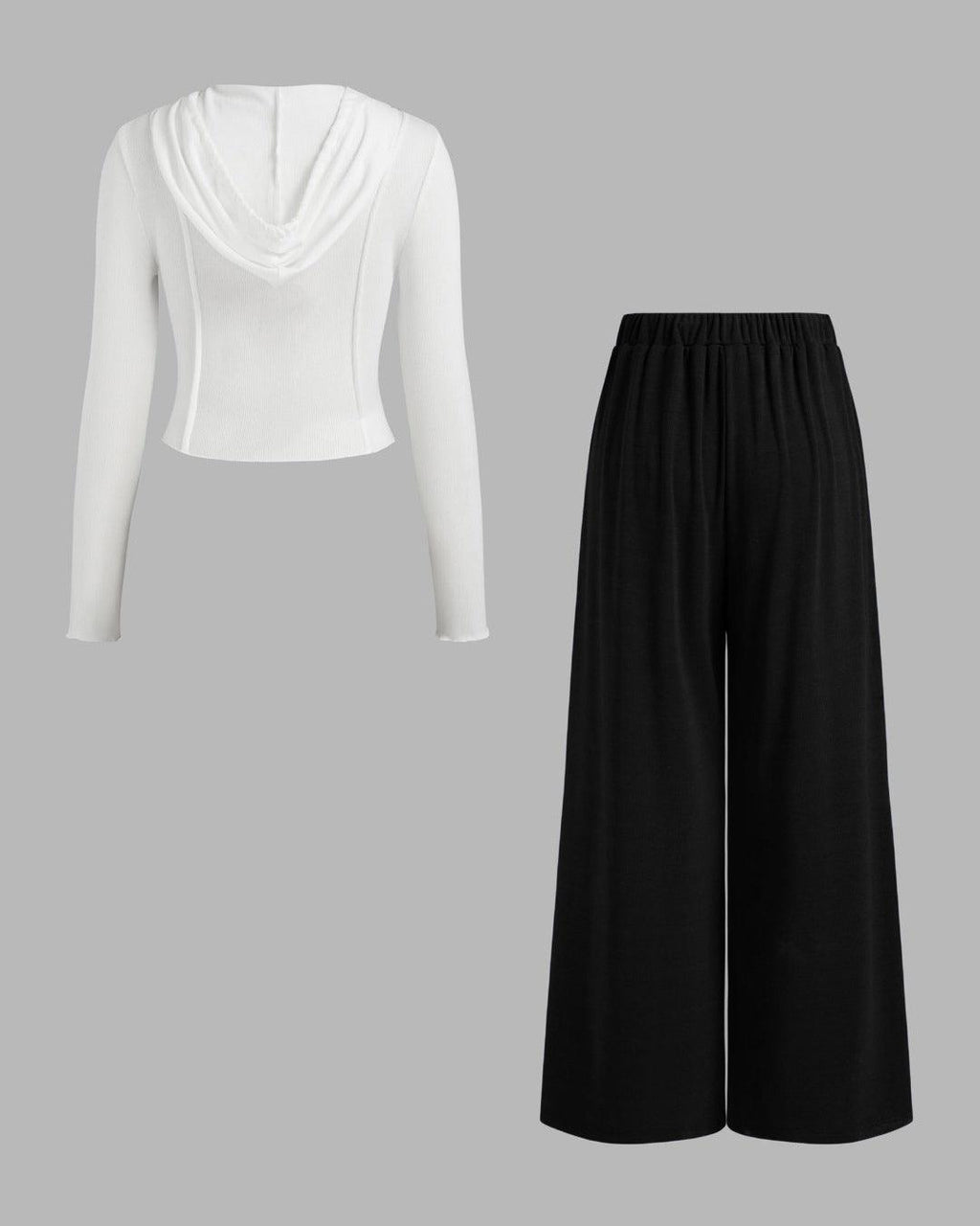 Hooded Solid Top & Mid Rise Pocket Wide Leg Trousers Set