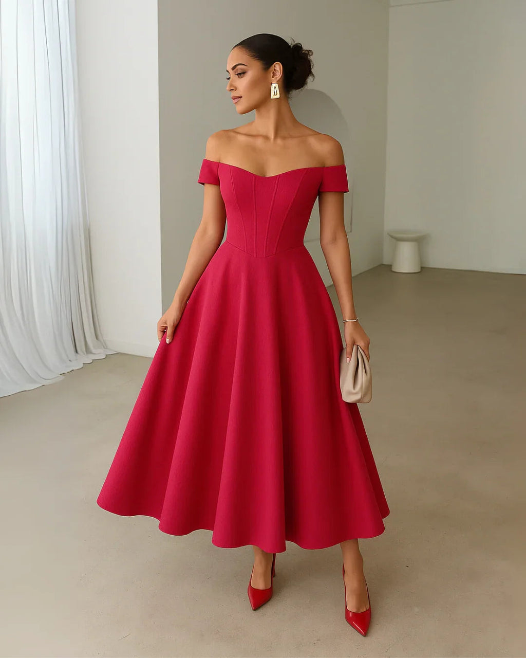 Hot Pink Faux Fishbone Design Romantic One-Shoulder Dress