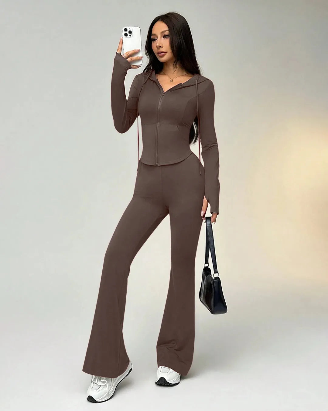 Hugged Fit Sporty Set With Zippered Hoodie In Coca