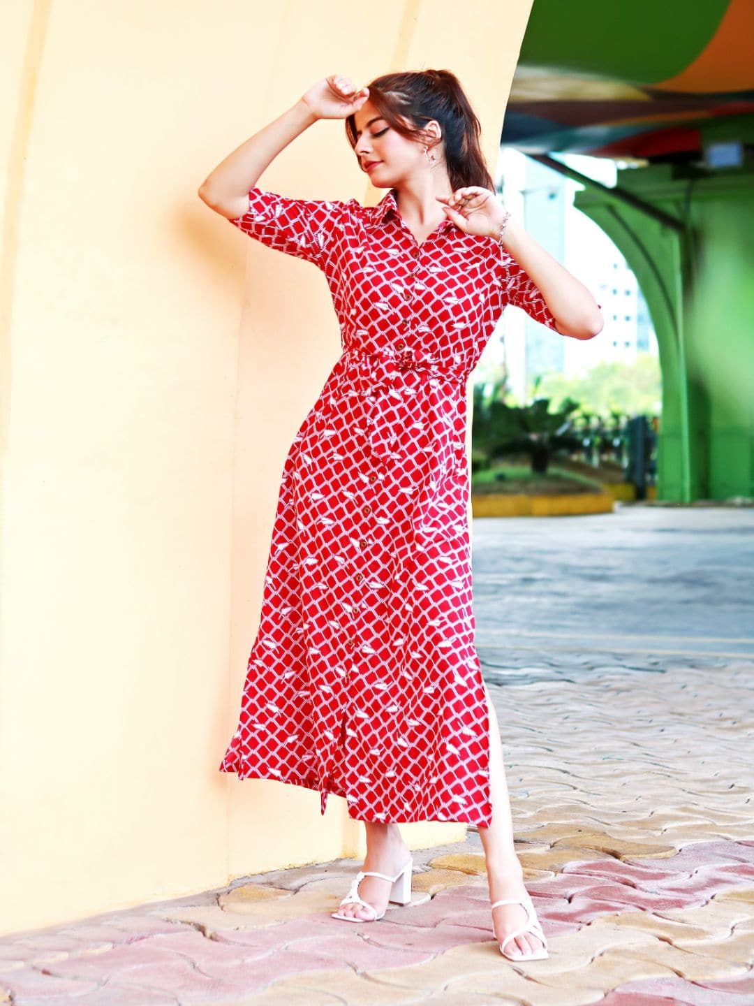 Collar Buttoned Down Shirt Maxi Dress - Pinkkup