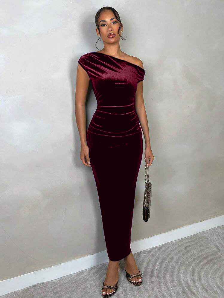 Stretchable Velvet Off Shoulder Drape Dress - Pinkkup