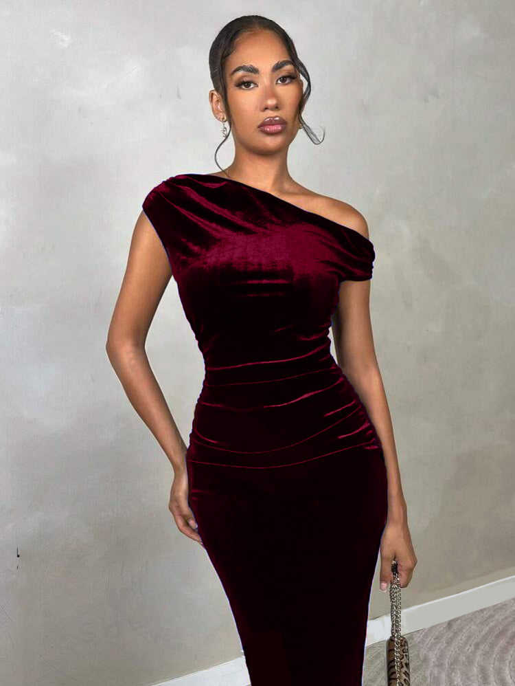 Stretchable Velvet Off Shoulder Drape Dress