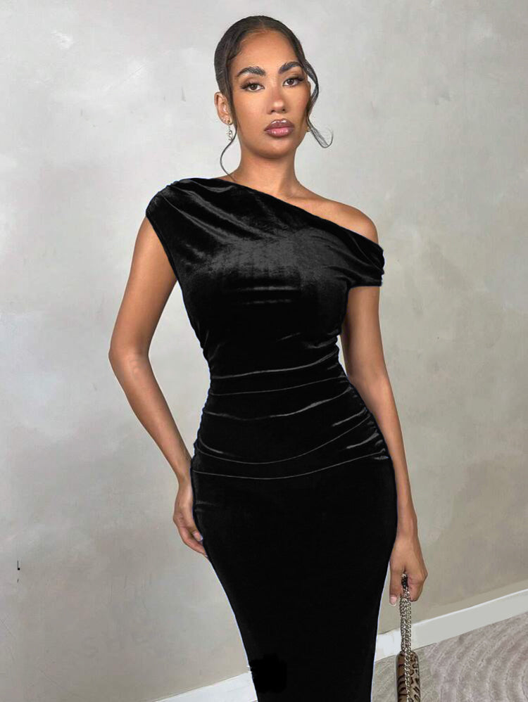 Stretchable Velvet Off Shoulder Drape Dress
