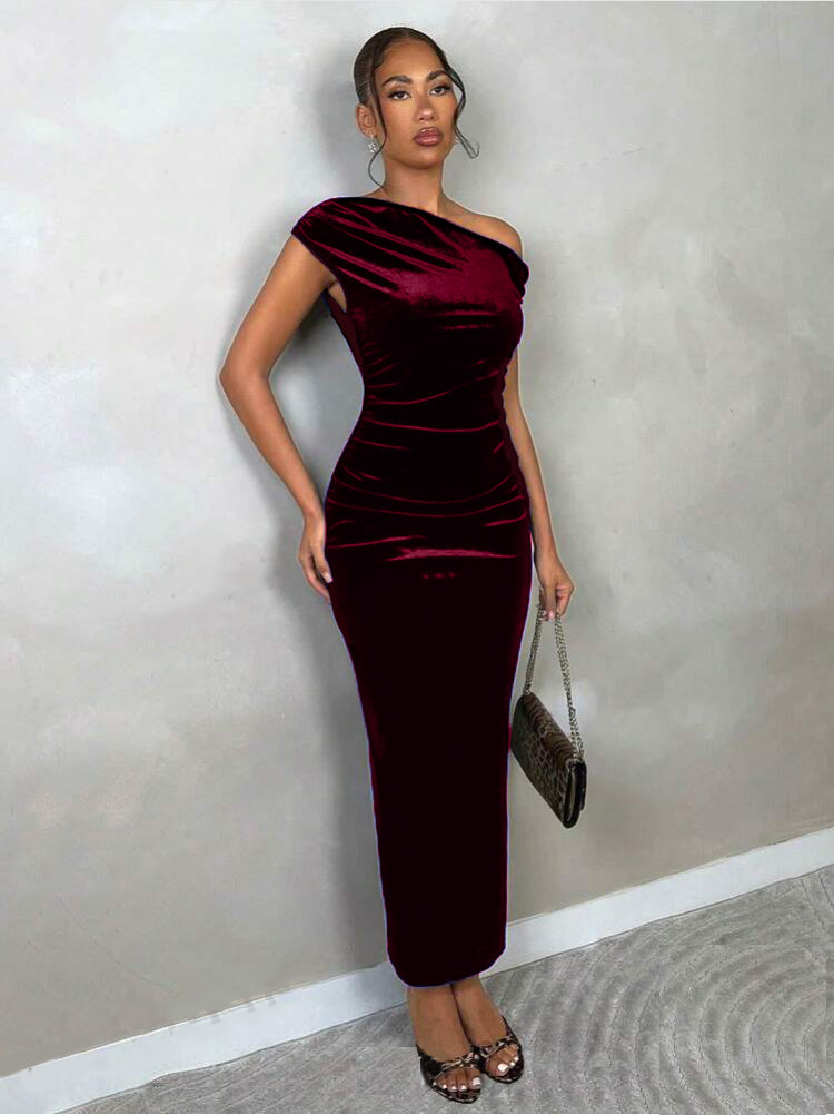 Stretchable Velvet Off Shoulder Drape Dress