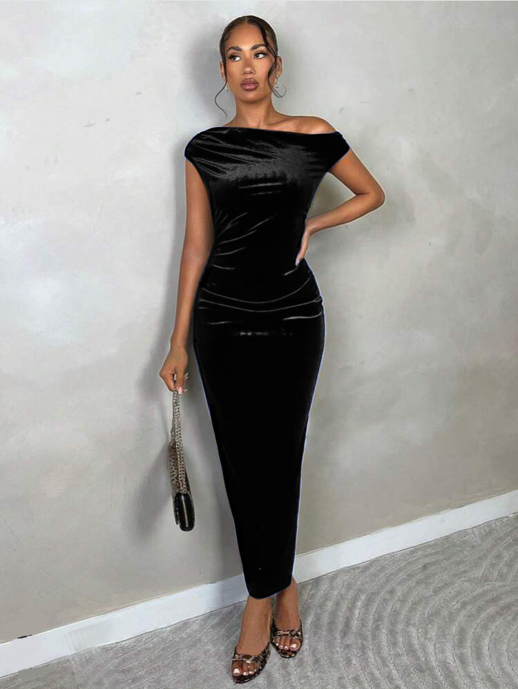 Stretchable Velvet Off Shoulder Drape Dress - Pinkkup