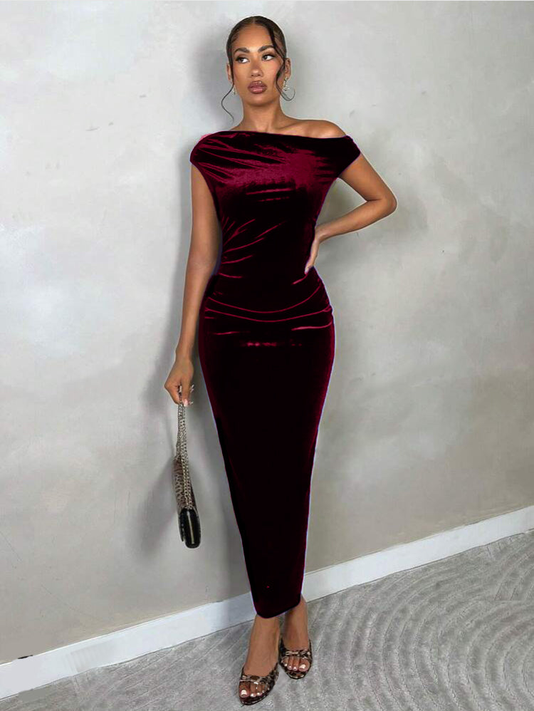 Stretchable Velvet Off Shoulder Drape Dress