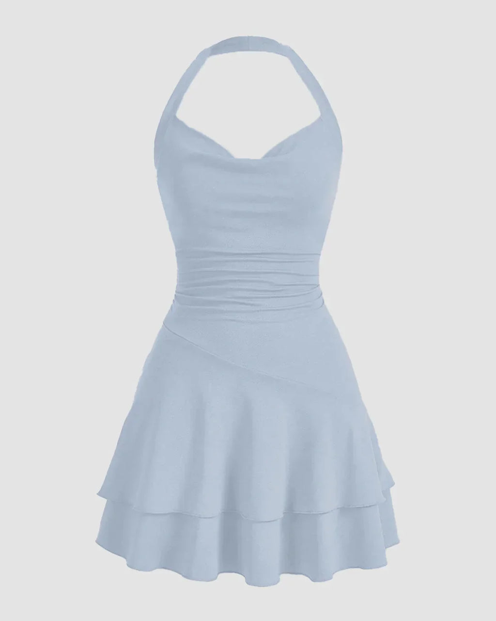 Ice Blue Halter Neck Ruched Skater Dress