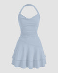 Ice Blue Halter Neck Ruched Skater Dress