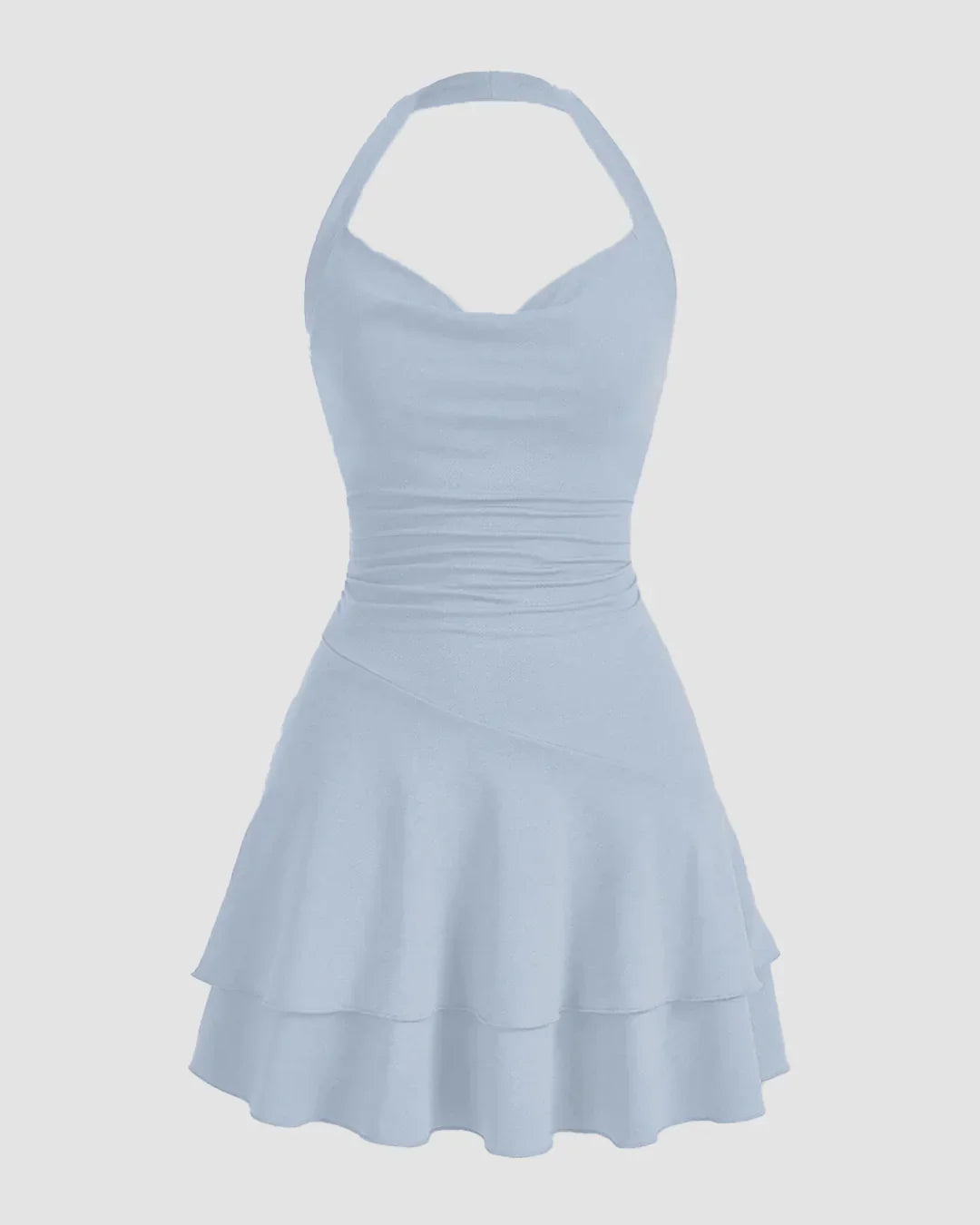 Ice Blue Halter Neck Ruched Skater Dress