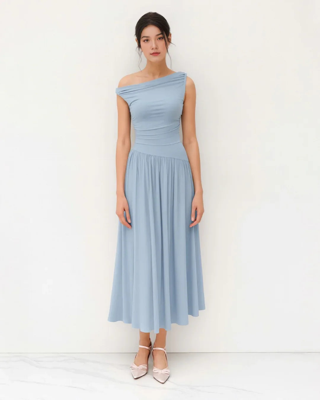Ice Blue Off-Shoulder Fit & Flare Midi Dress