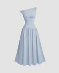 Ice Blue Off-Shoulder Fit & Flare Midi Dress