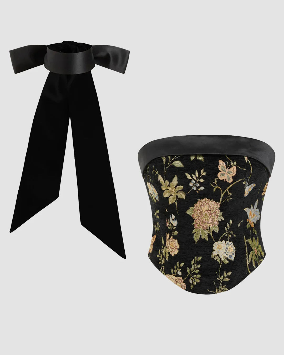 Jacquard Floral Bandeau Crop Top & Satin Bow