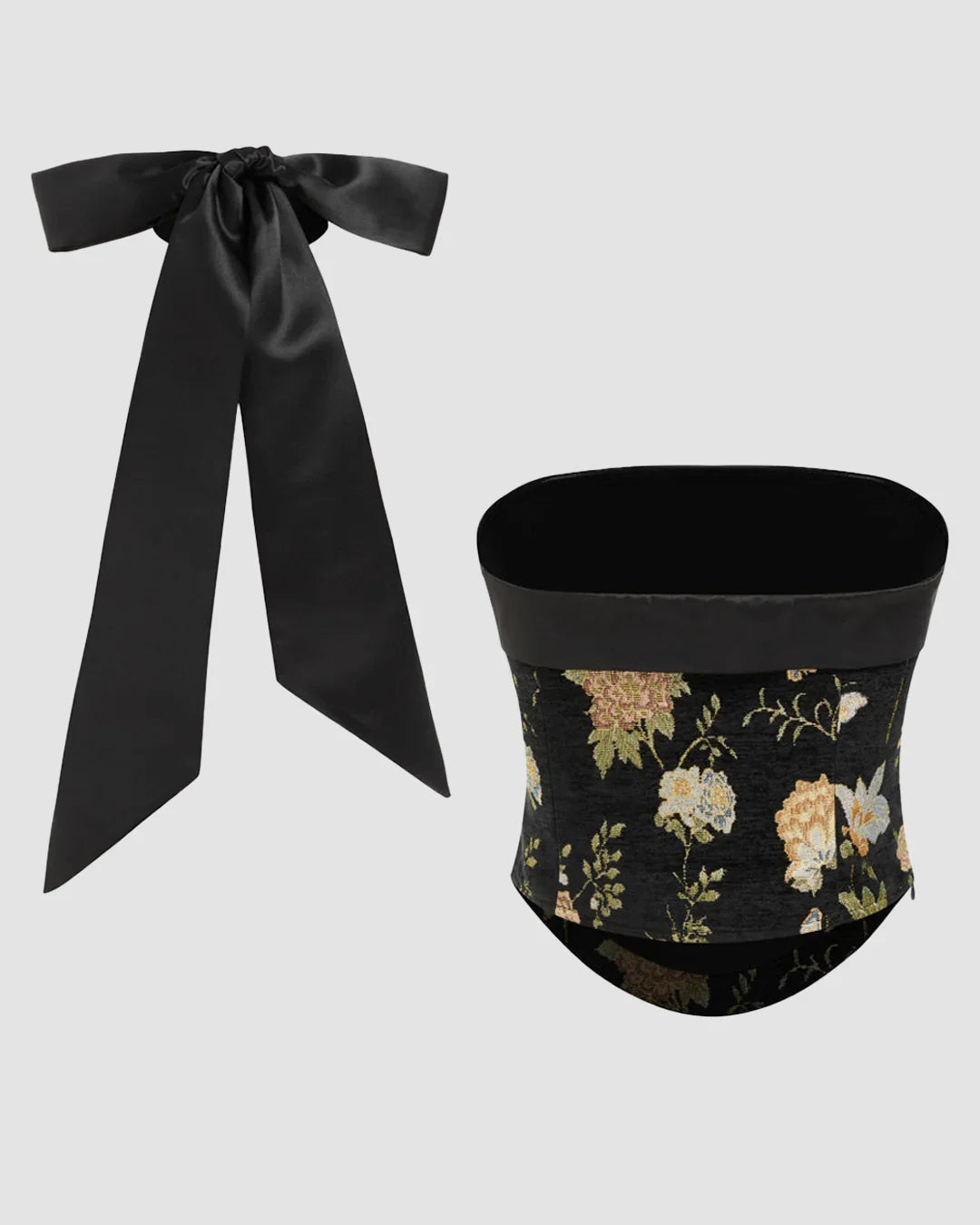 Jacquard Floral Bandeau Crop Top & Satin Bow