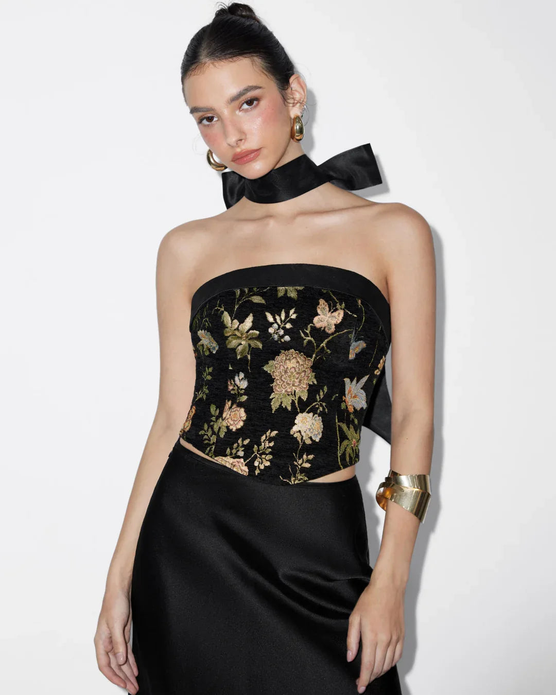 Jacquard Floral Bandeau Crop Top & Satin Bow