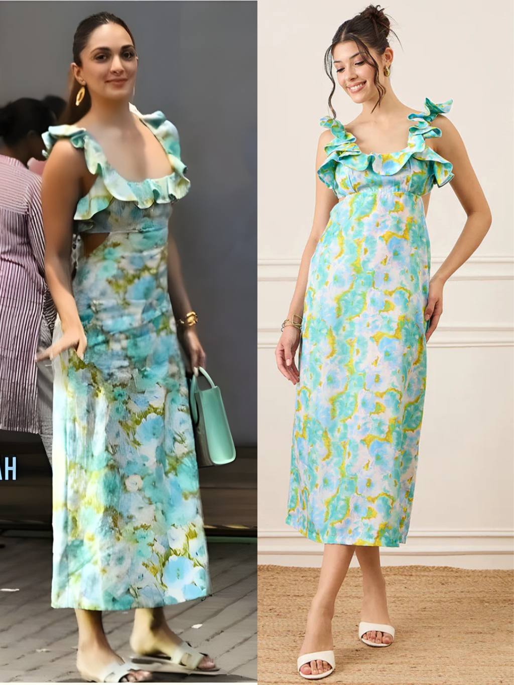 Printed Frilled Scoop Neck Linen Dress
