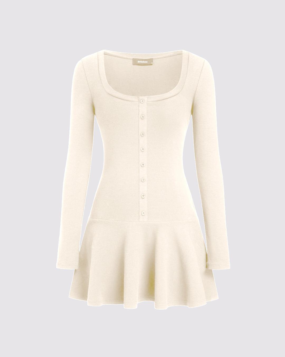Knit Fabric U-neckline Ruffle Mini Dress In Off-White