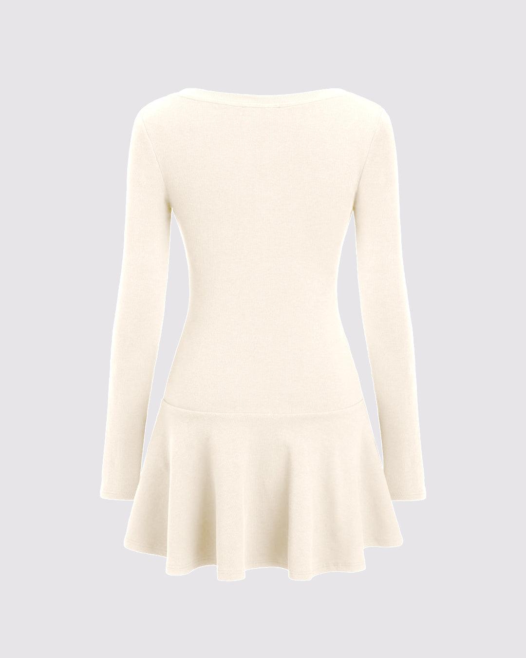 Knit Fabric U-neckline Ruffle Mini Dress In Off-White
