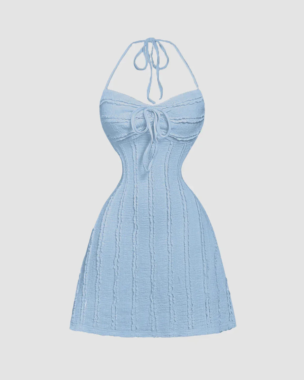 Knitted Halter Neck Back Tie Mini Dress in Dusty Blue
