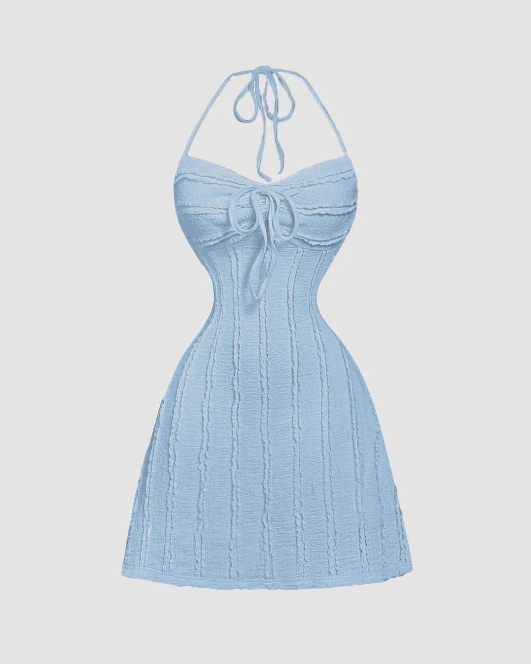 Knitted Halter Neck Back Tie Mini Dress in Dusty Blue