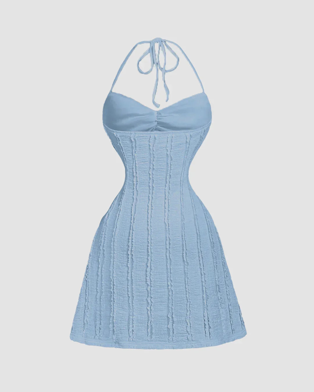 Knitted Halter Neck Back Tie Mini Dress in Dusty Blue