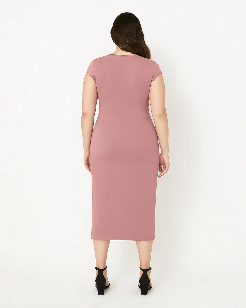 Knitted Short Sleeve Bodycon Dress With Pleated Waist In Pink Curve & Plus