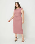 Knitted Short Sleeve Bodycon Dress With Pleated Waist In Pink Curve & Plus