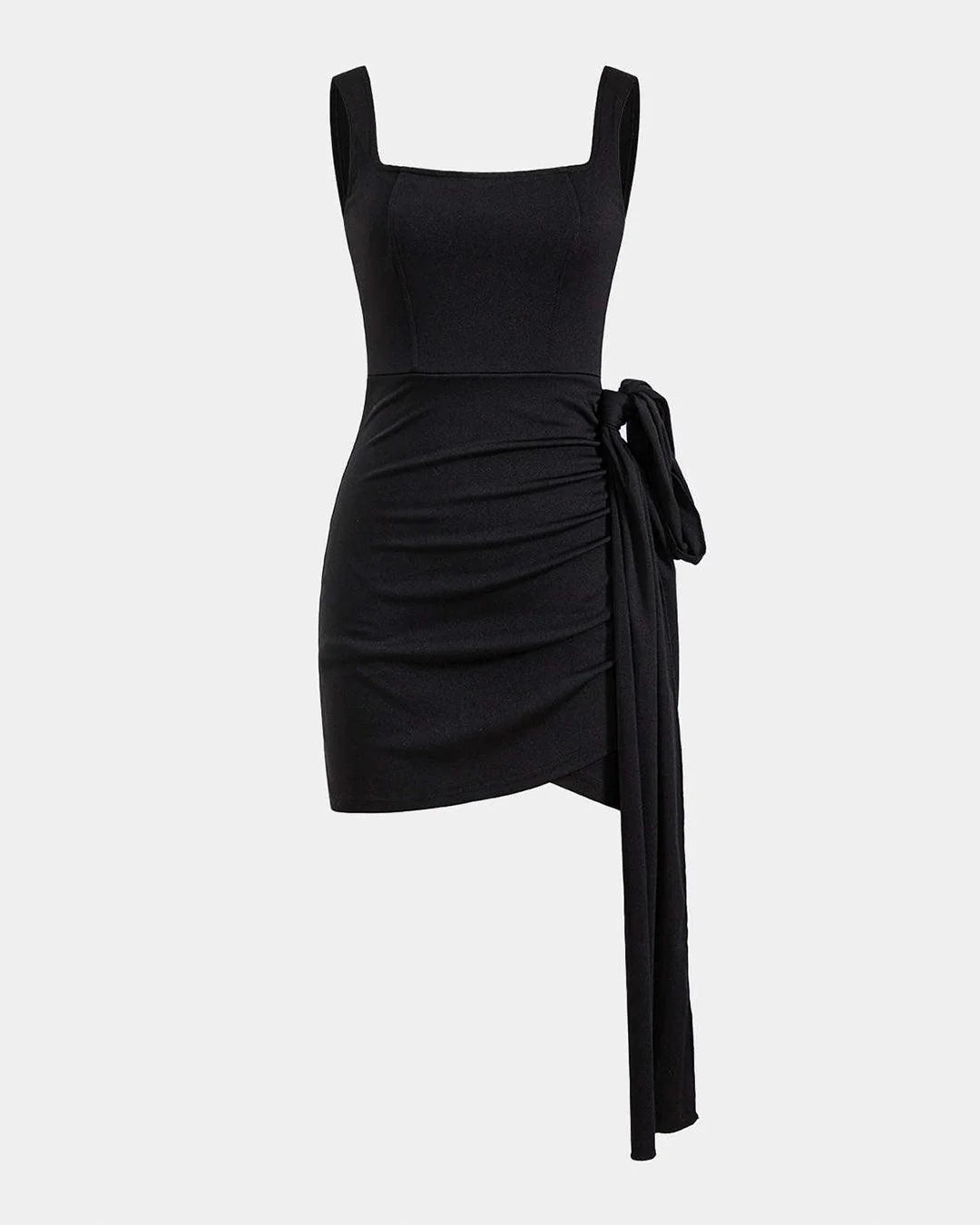 Knotted Tie Ruched Square Neck Sleeveless Black Mini Dress