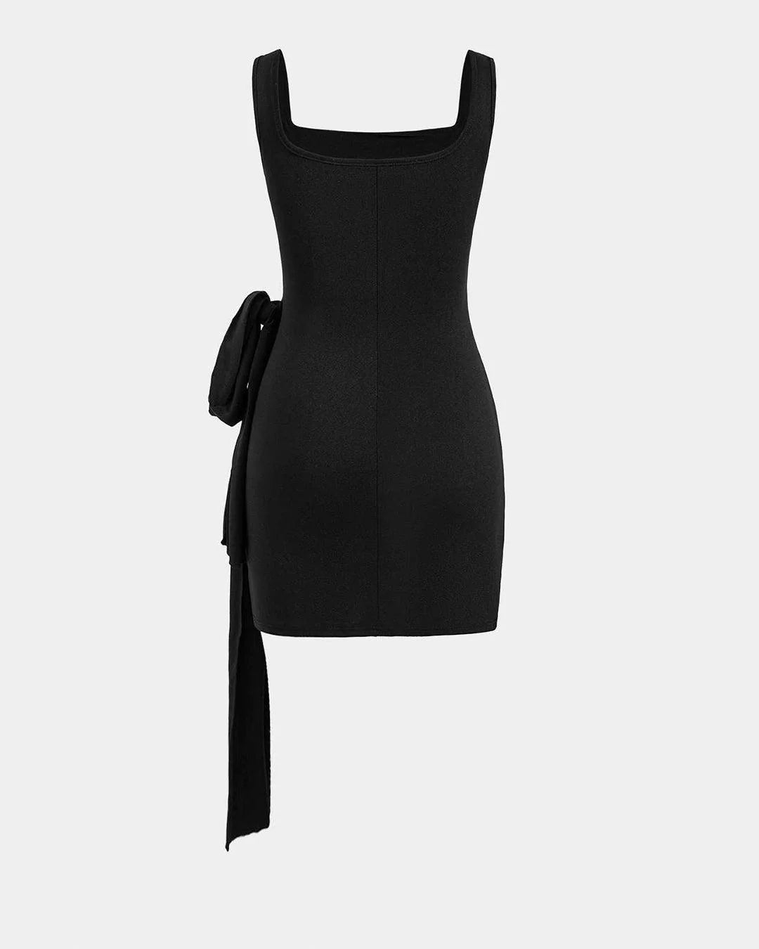 Knotted Tie Ruched Square Neck Sleeveless Black Mini Dress