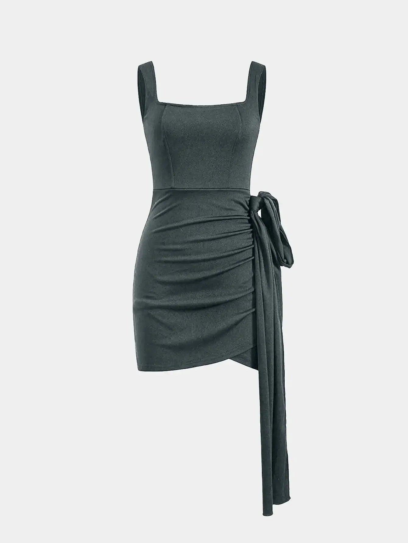 Knotted Tie Ruched Square Neck Sleeveless Grey Mini Dress