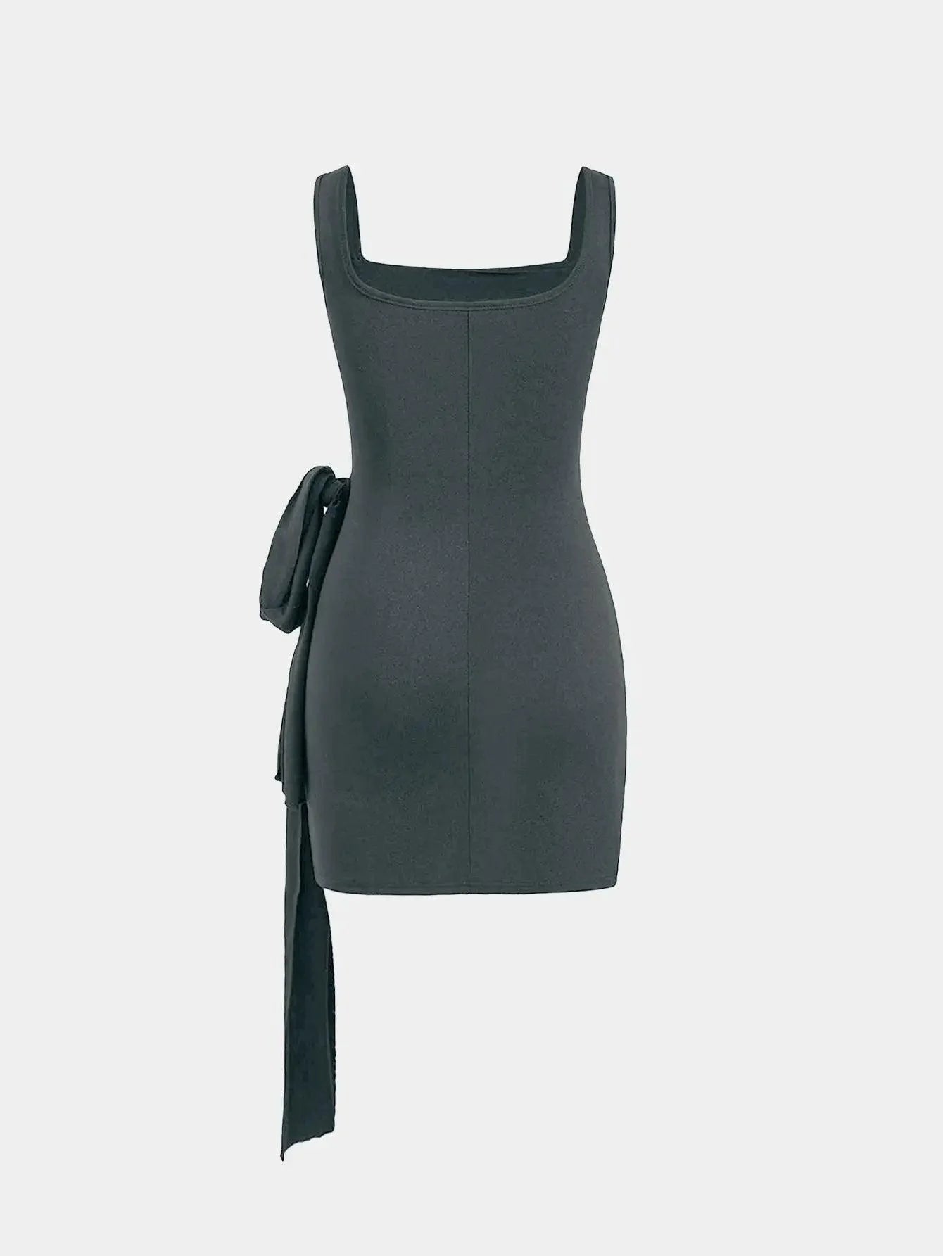 Knotted Tie Ruched Square Neck Sleeveless Grey Mini Dress