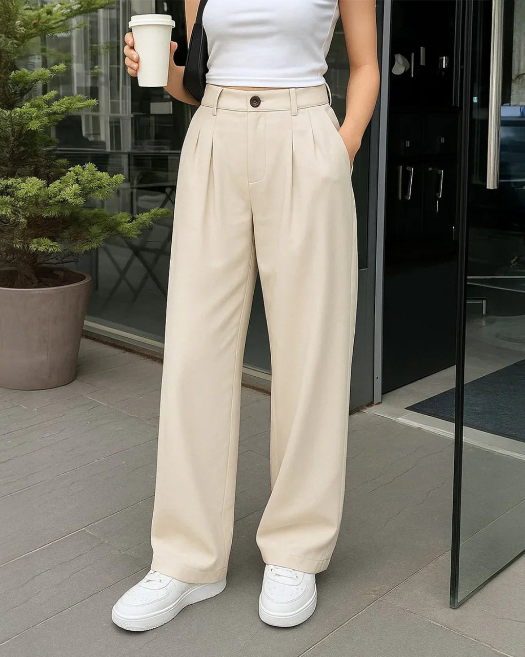 Korean Style Trousers with Baggy Fit In Off-White
