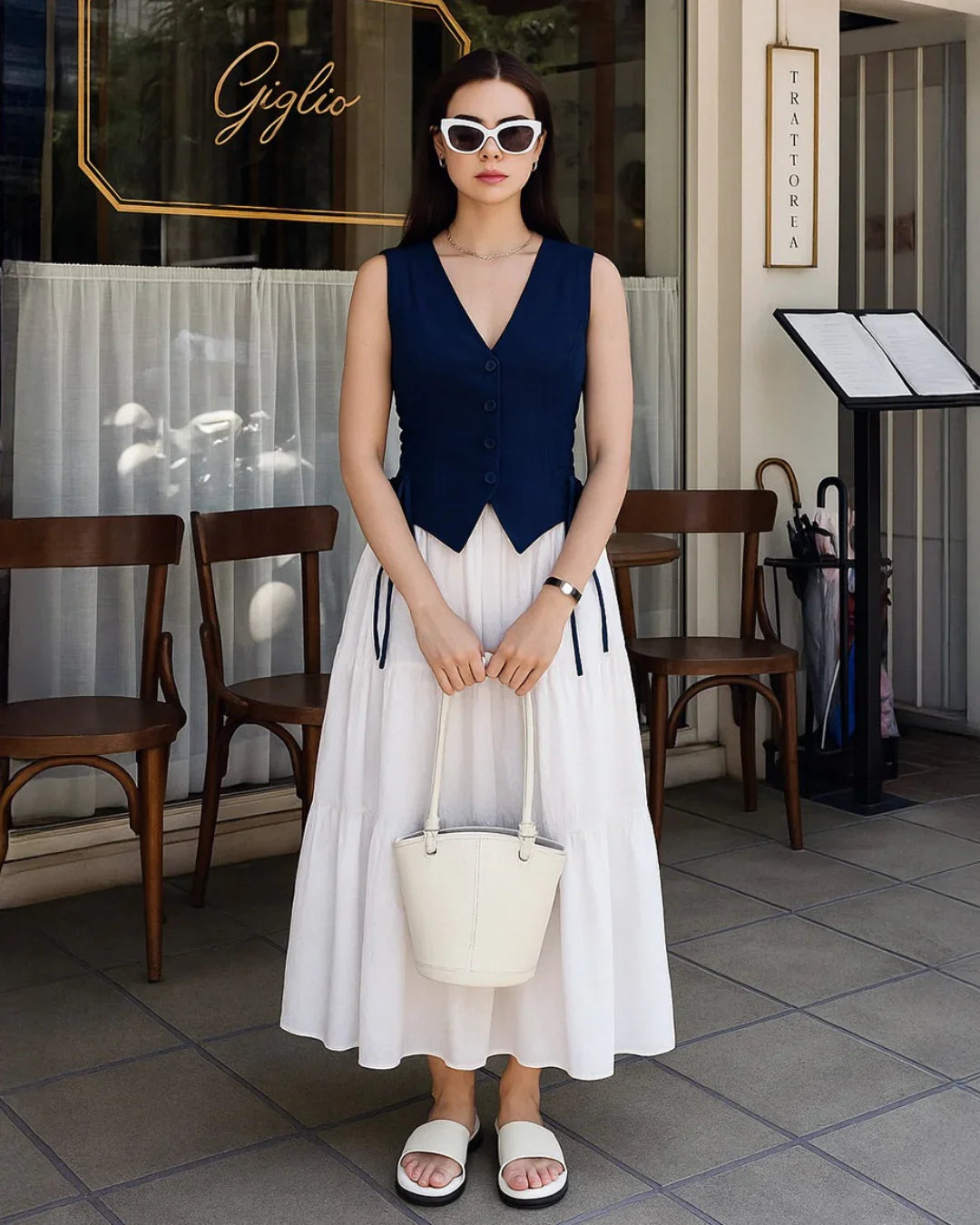Lace-Up Side Button-Down Sleeveless Vest Top in Navy Blue