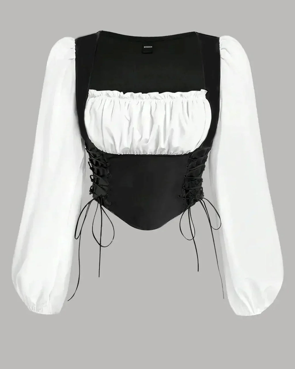 Lace-Up Square Neck Long Sleeve Corset Top in Black and White