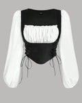 Lace-Up Square Neck Long Sleeve Corset Top in Black and White