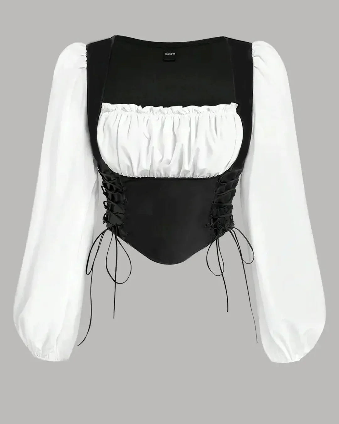 Lace-Up Square Neck Long Sleeve Corset Top in Black and White