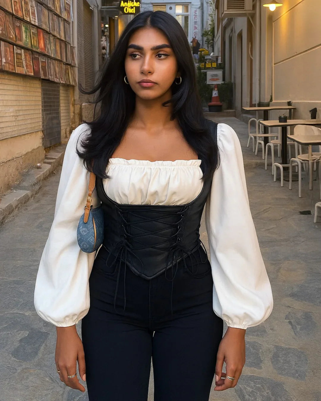 Lace-Up Square Neck Long Sleeve Corset Top in Black and White