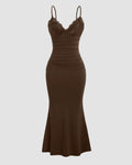 Lace Detail One Piece Bodycon Dress in Brown